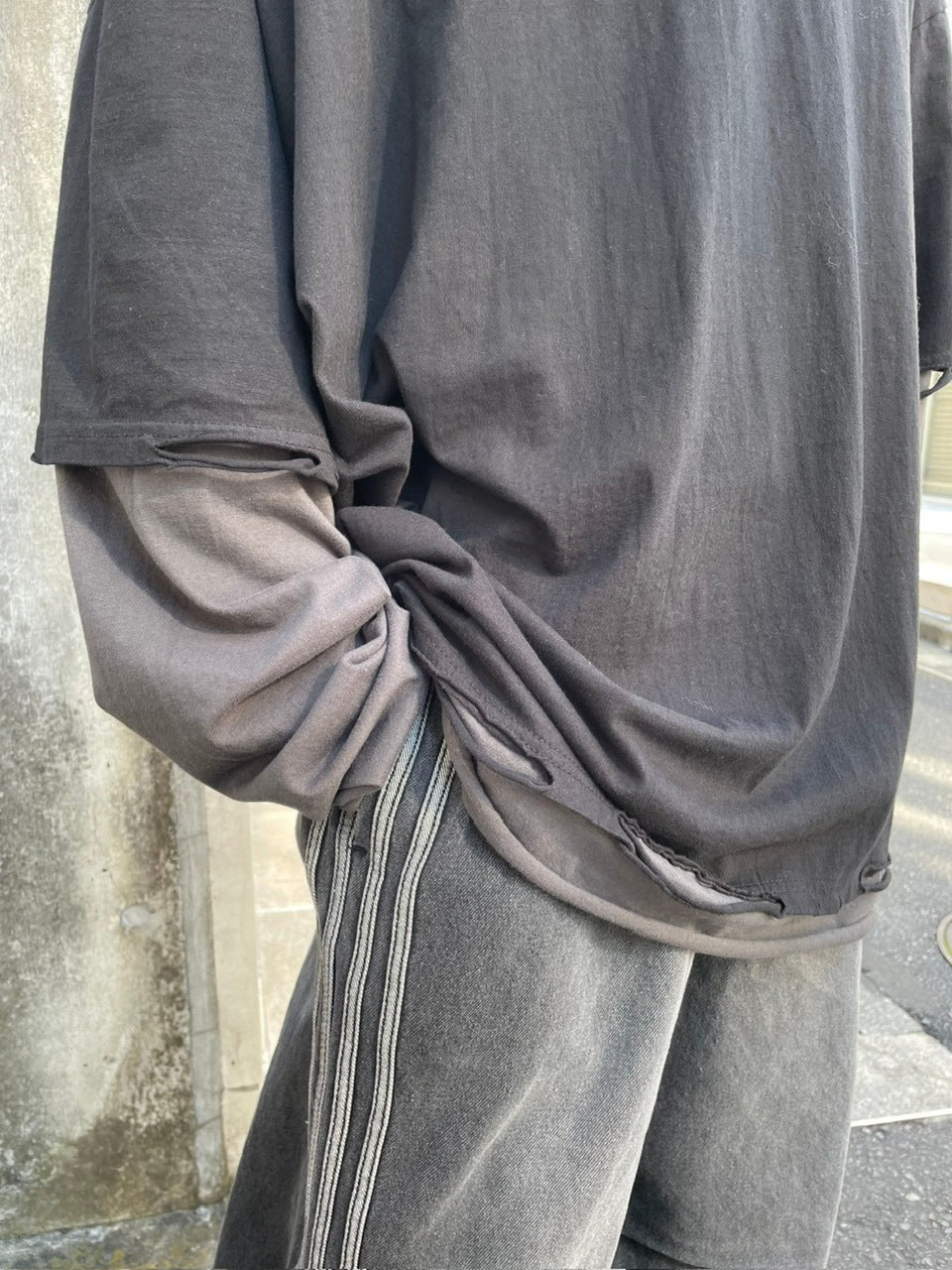 受注制【nmtc +】bi color layered hood long sleeve tee (2color)