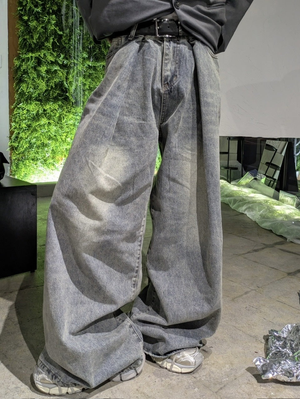 国際配送【LUV CODE】washed denim tuck wide pants