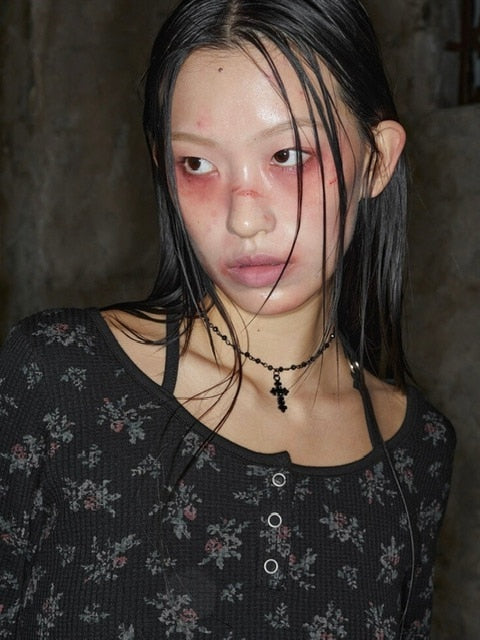 【NOT KNOWING】ROSE HALTER STRAP TOP / 【ノットノーイング】ローズホルターネックストラップ長袖トップス