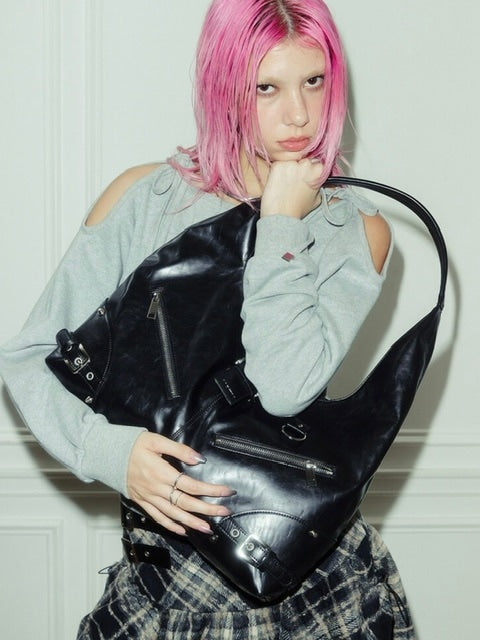 【NOT KNOWING】Black Moto Hobo Bag (LEATHER)