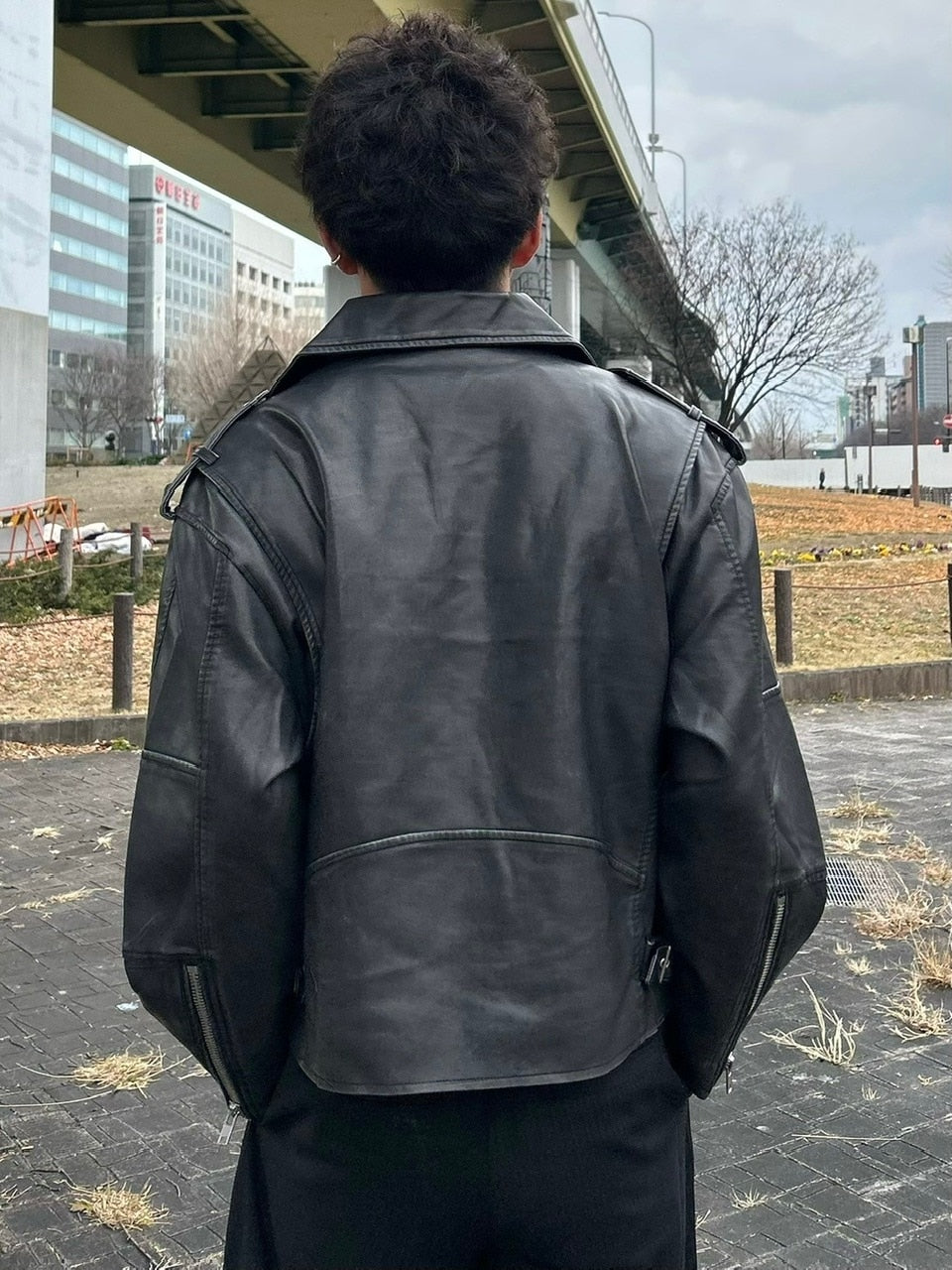 受注制【Chikashitsu +】aging wash cropped riders jacket