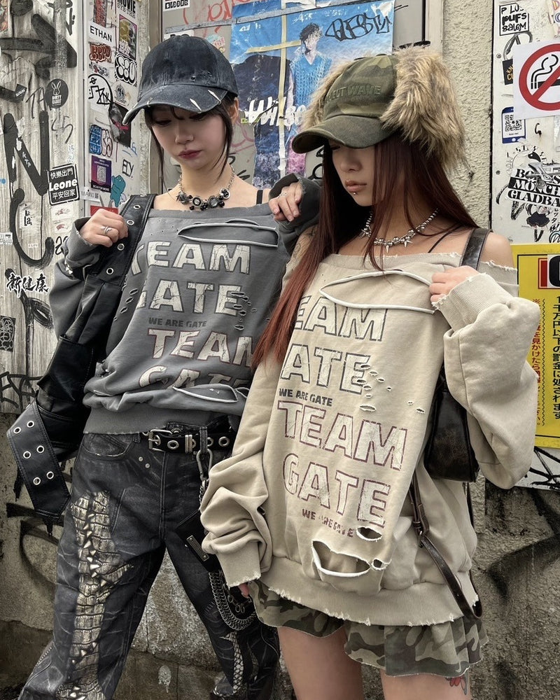 受注制【Never mind the XU】damage off shoulder sweat (2color)