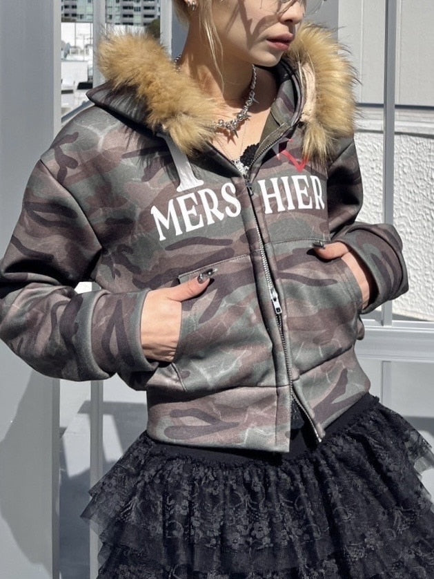 受注制【Never mind the XU】camouflage fur hood zipup /【ネバーマインドエックスユー】カモフラージュファーフードジップアップパーカー