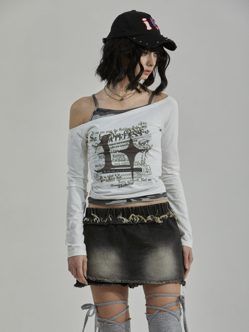 【GATELESS】CAMOUFLAGE LAYERED ONE SHOULDER T-SHIRT