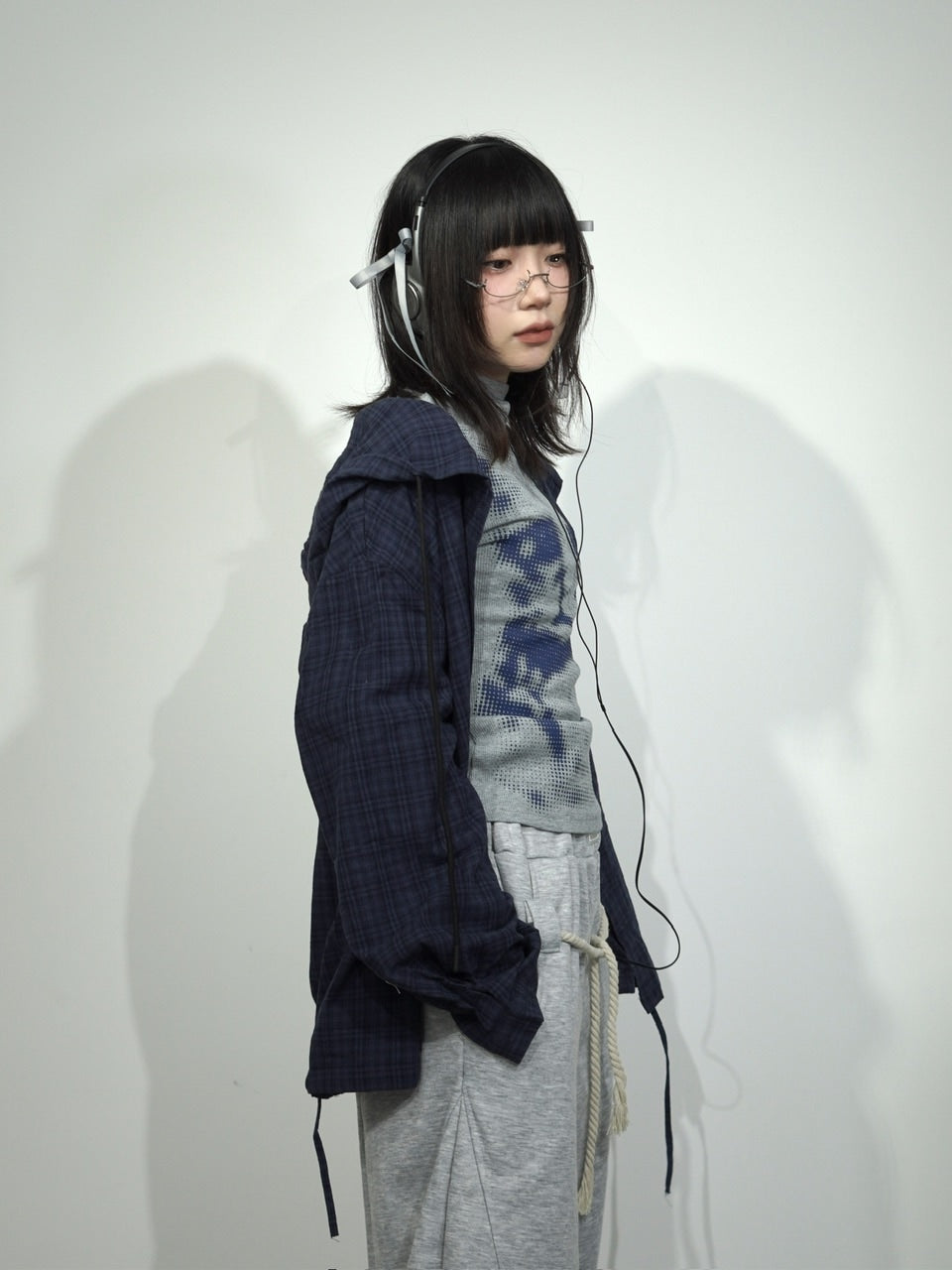国際配送【Nerd out XU】blue check hoodie shirt