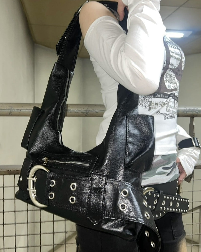 受注制【Never mind the XU】leather eyelet belt bag / 【ネバーマインド ザ エックスユー】レザーアイレットベルトショルダーバッグ