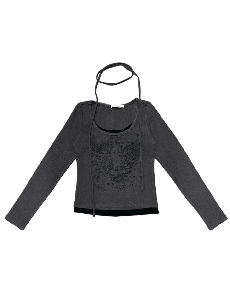aliceauaa　黒 プリントデザイン　ビジュー付 タンクトップ Never mind the XU】tie set cross wing long sleeve tee (3color