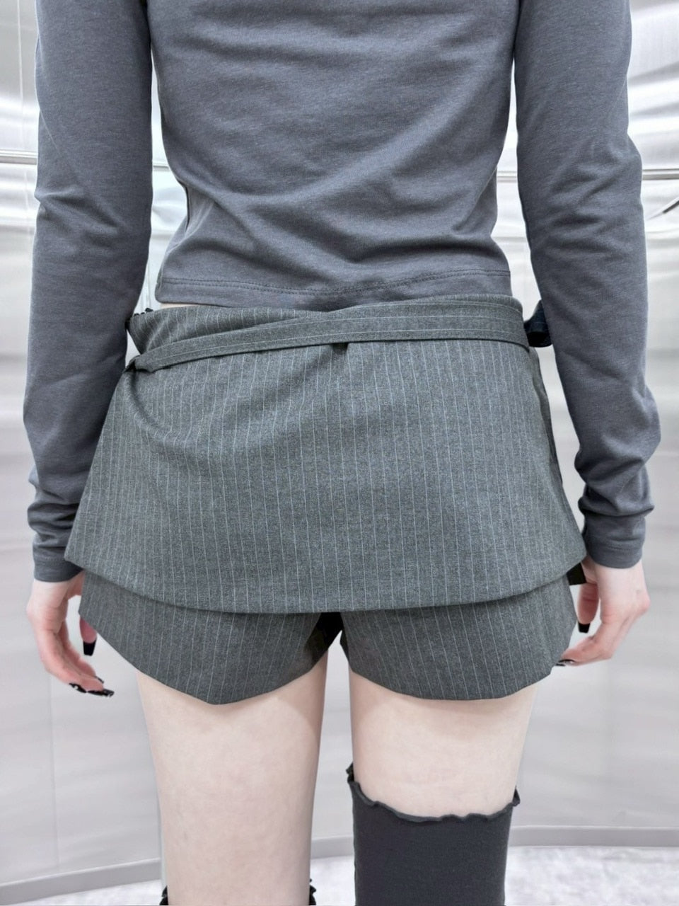 受注制【nmtc +】stripe rap pants (3color) / 【エヌエムティーシープラス】ストライプボーダーラップスカートパンツ