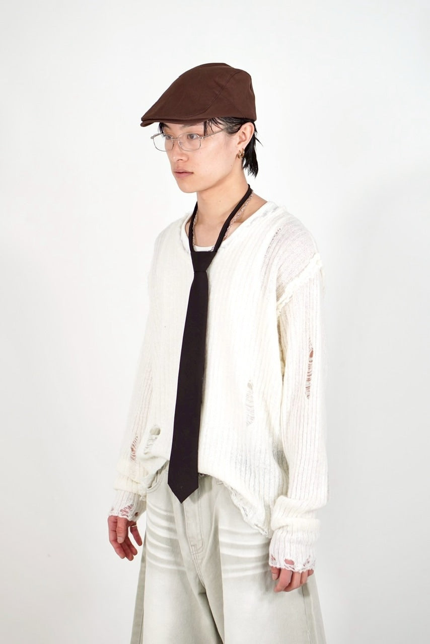 【Chikashitsu +】damage reverse v neck knit (3color) / 【チカシツプラス】リバースVネックダメージニット