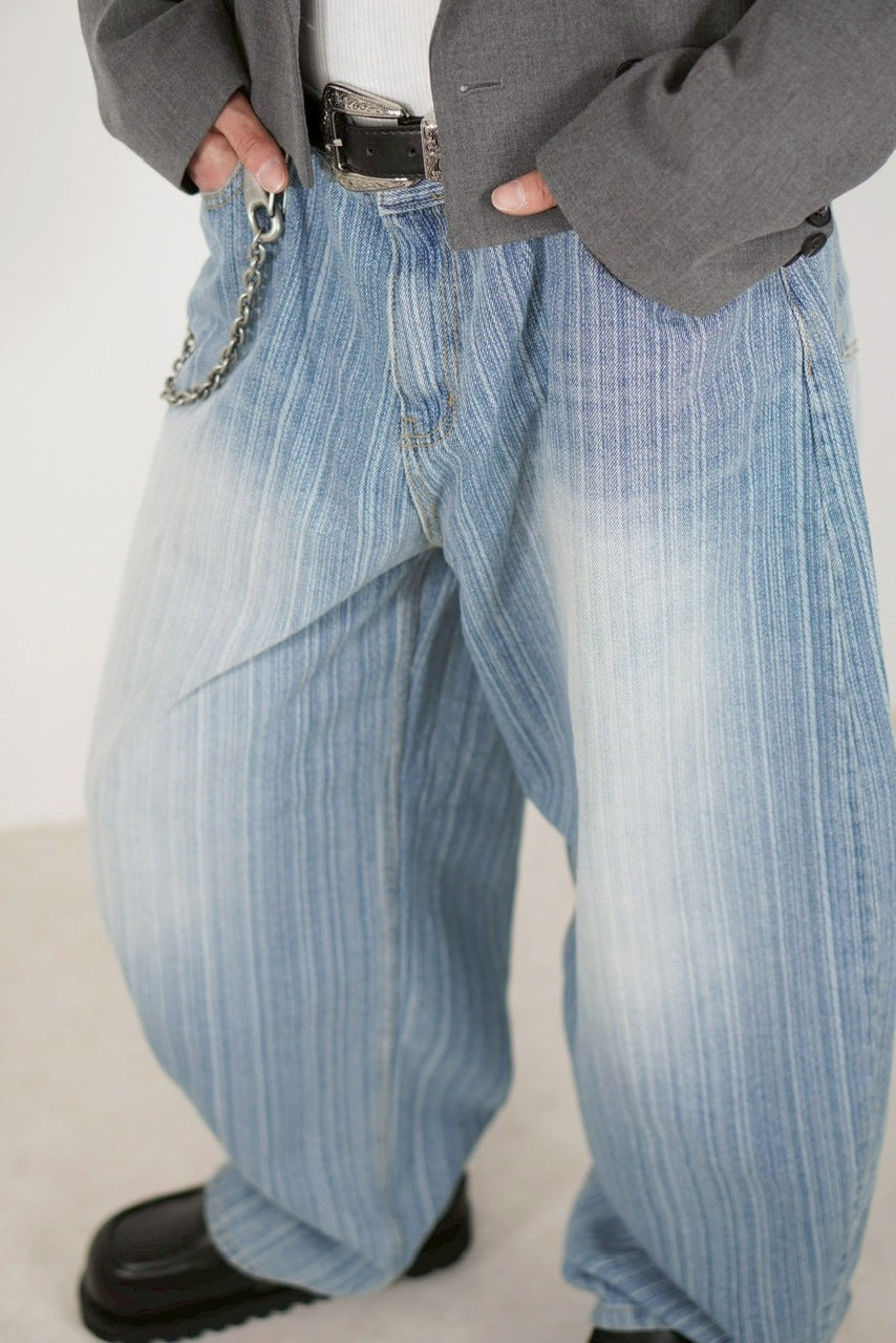 受注制【Chikashitsu +】wide stripe denim pants / 【チカシツプラス】ストライプボーダーワイドデニムパンツ