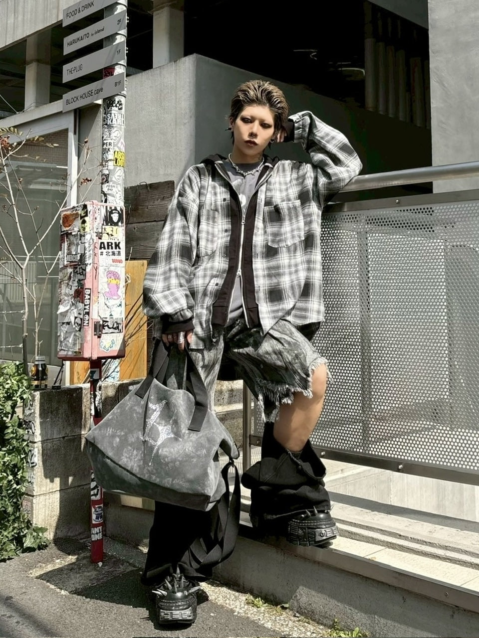 受注制【Never mind the XU】layered check shirts / 【ネバーマインドザエックスユー】レイヤードチェックフード長袖シャツパーカー