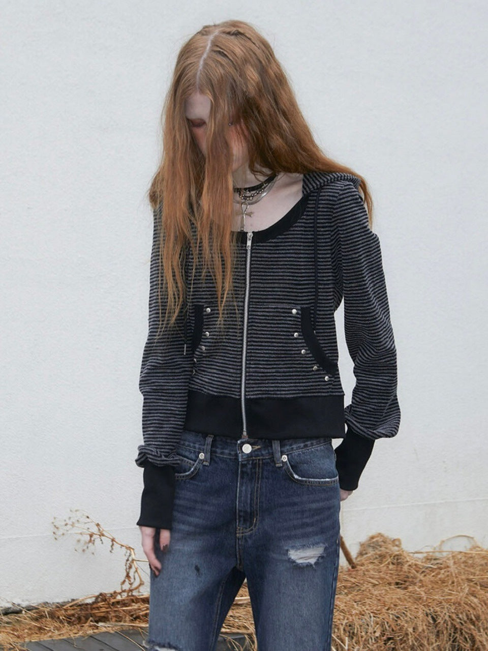 【NOT KNOWING】U Neck Stripe Hood Zip Up