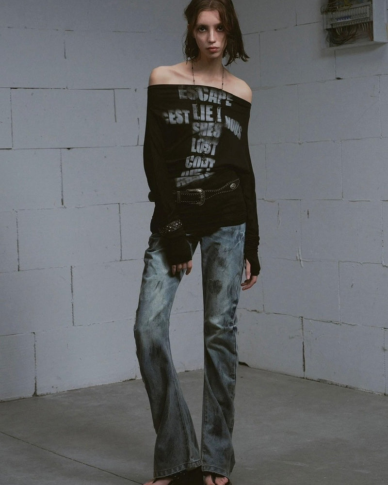 【Cest Nous】Doodle-printed batwing sleeve top / 【セヌー】オフショルダープリント長袖トップス