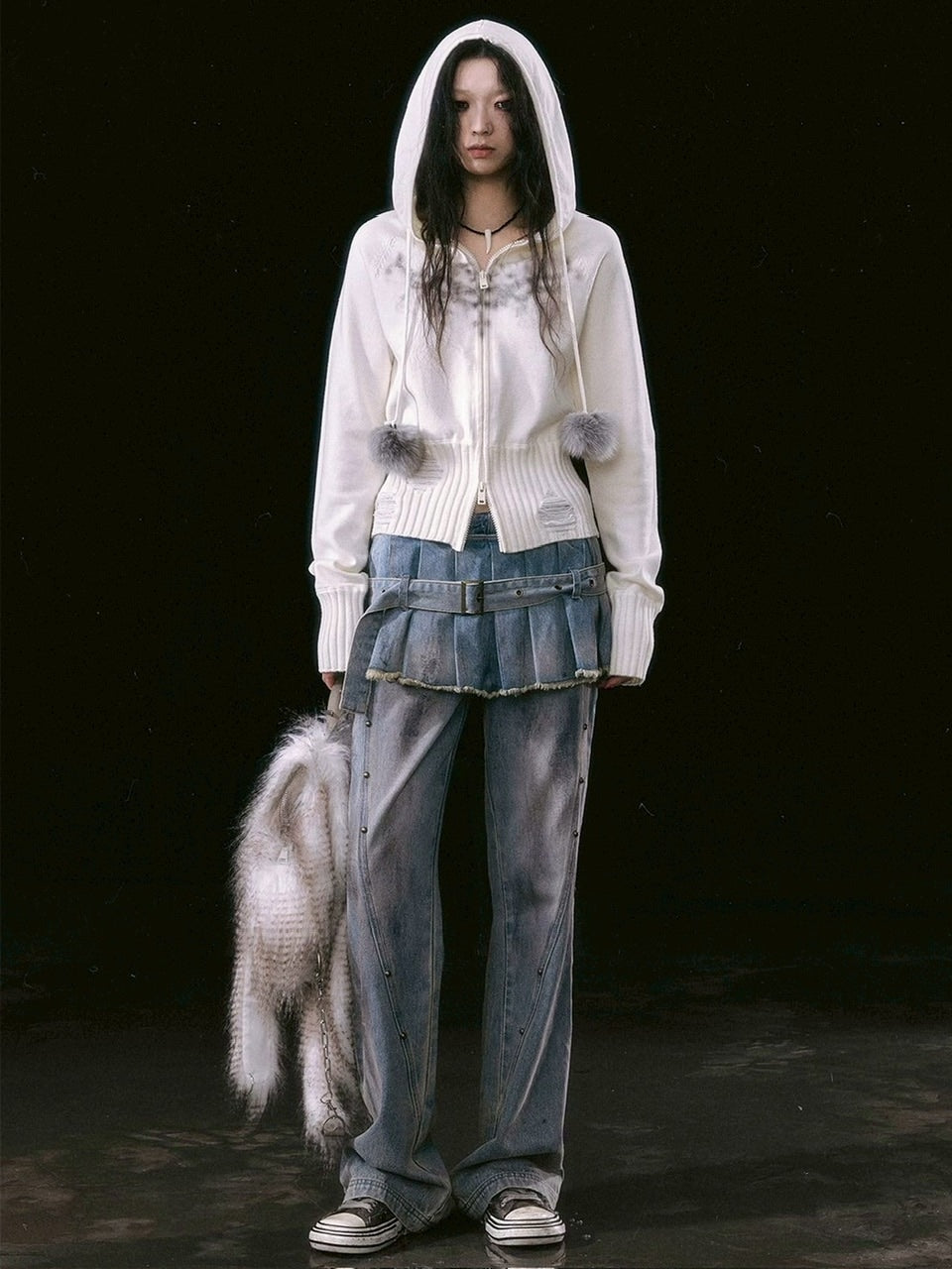 【Cest Nous】Dirty Wash Blue Denim Jeans / 【セヌー】ダーティーウォッシングスカートレイヤードデニムパンツ