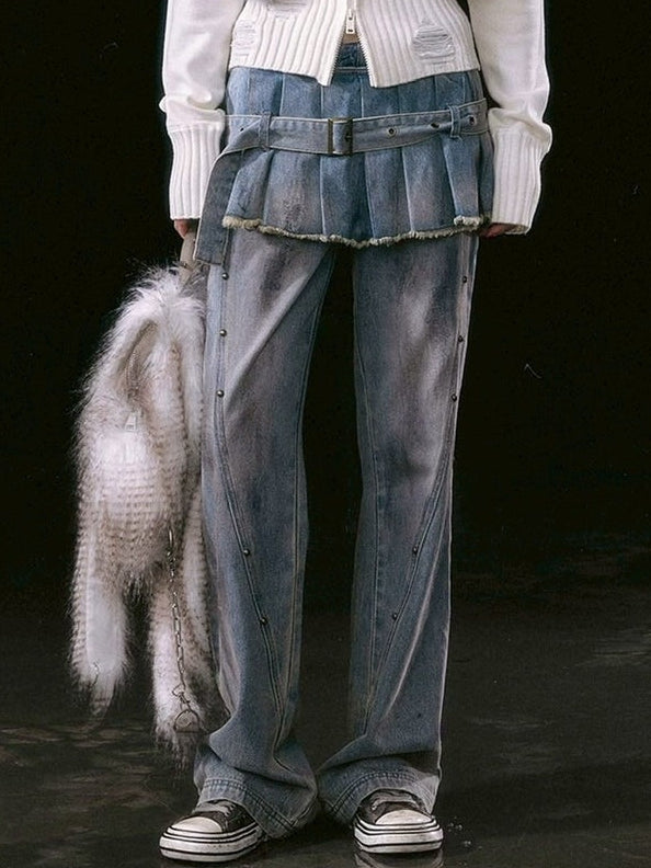【Cest Nous】Dirty Wash Blue Denim Jeans / 【セヌー】ダーティーウォッシングスカートレイヤードデニムパンツ