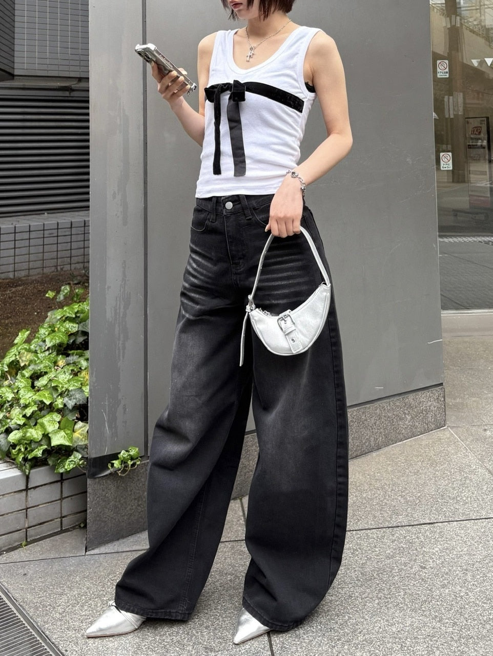 受注制【Never mind the XU】back print wide denim pants / 【ネバー