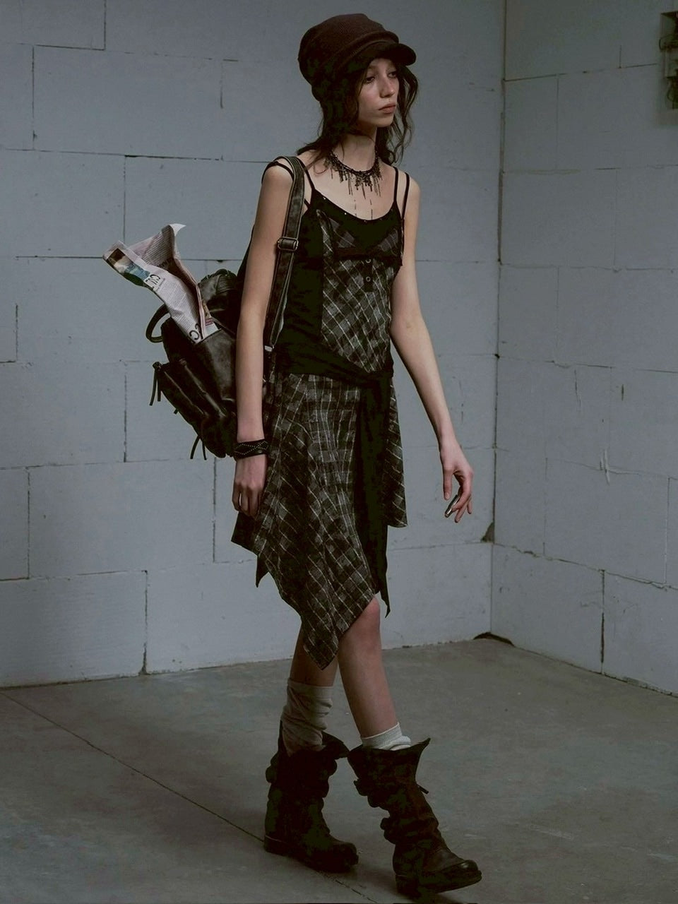 【Cest Nous】Plaid tie-strap camisole dress / 【セヌー】プリーツグレンチェックストラップキャミワンピース