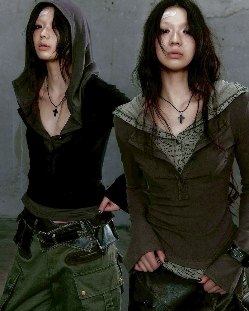【Cest Nous】Two-in-One Hoodie / 【セヌー】レイヤードフード付き長袖トップス