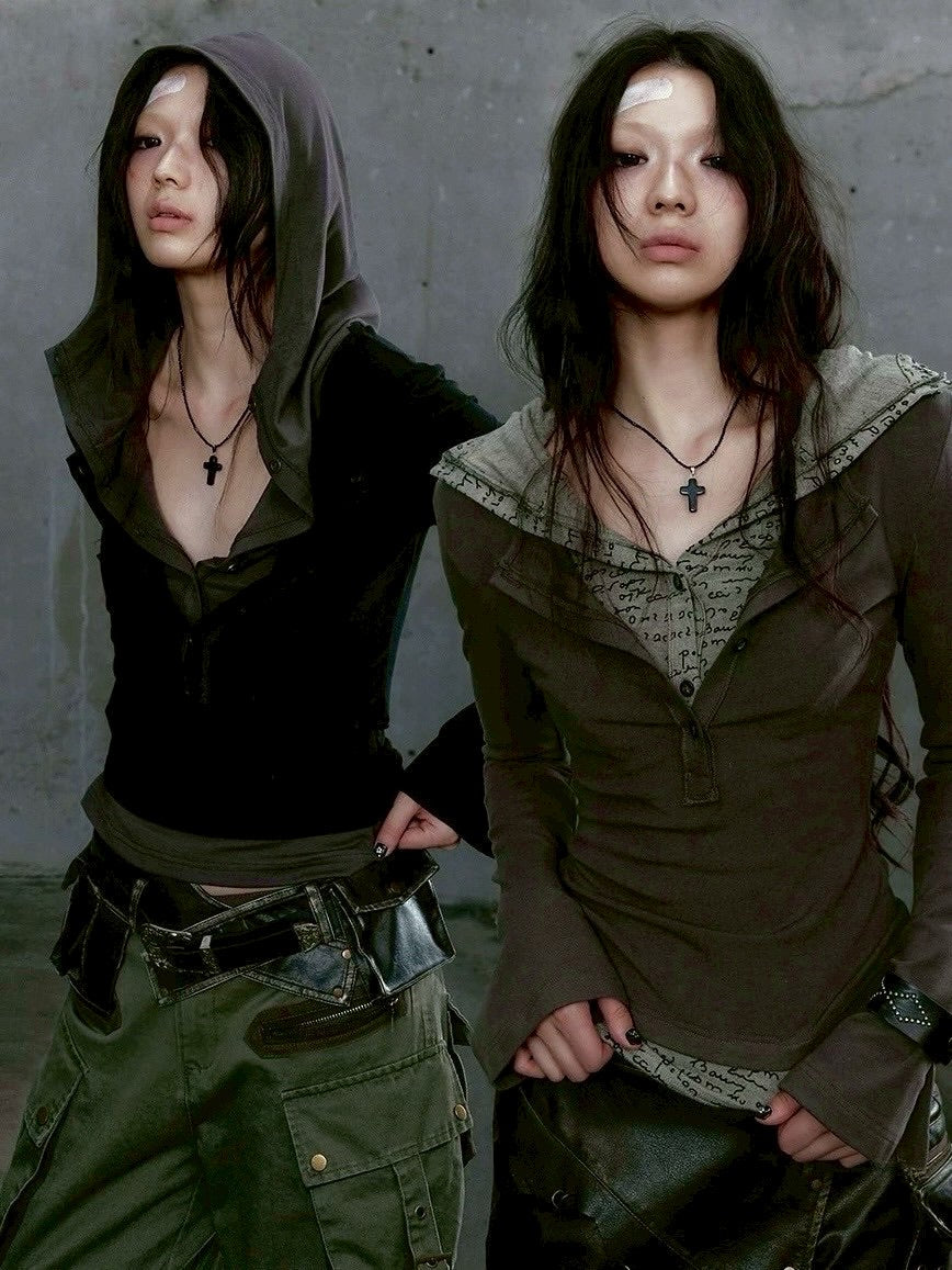 【Cest Nous】Two-in-One Hoodie / 【セヌー】レイヤードフード付き長袖トップス