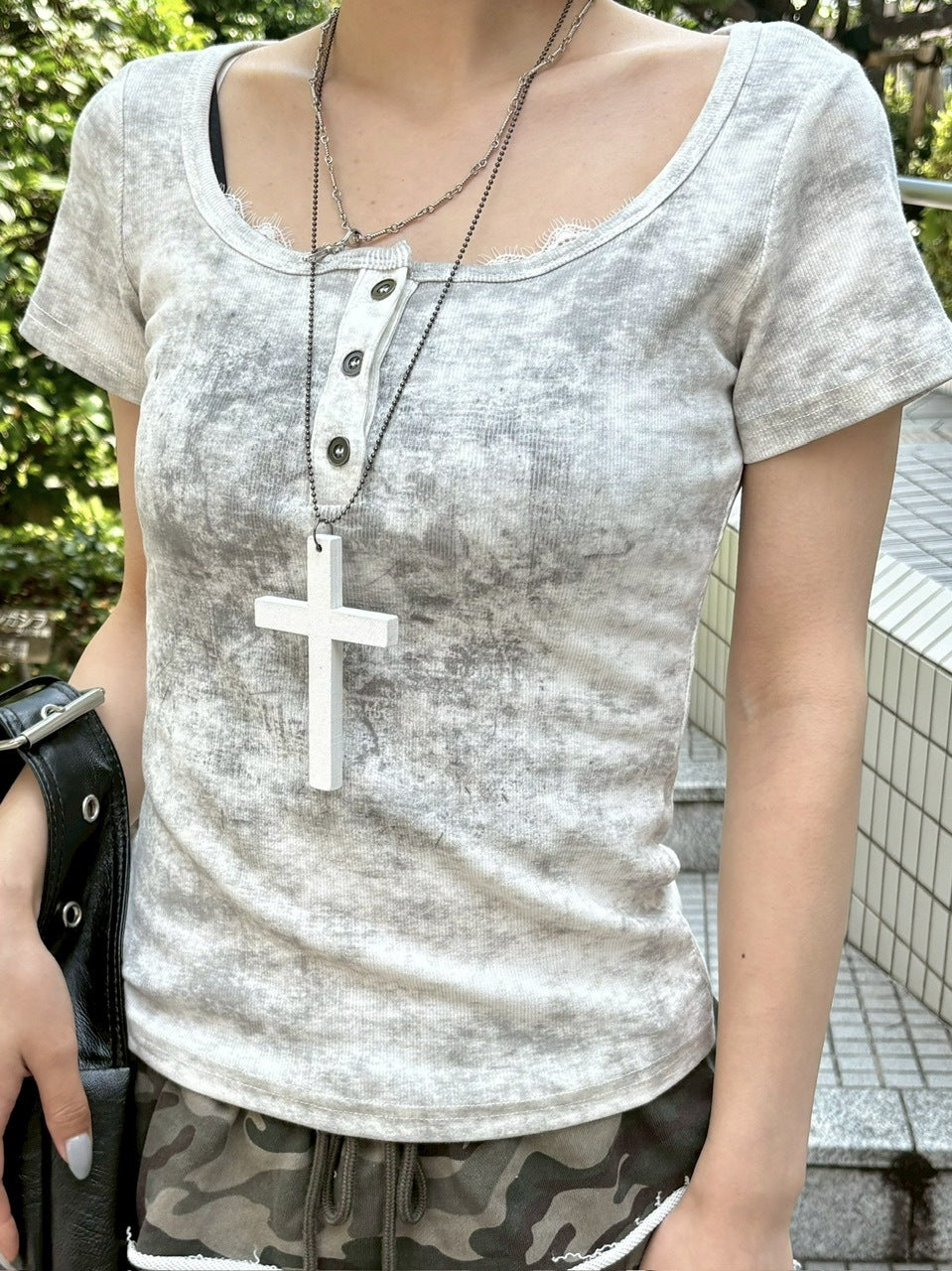 受注制【Never mind the XU】marble washed tee (3color) / 【ネバーマインド ザ エックスユー】マーブルウォッシュドヘンリーネックプリント半袖Tシャツ