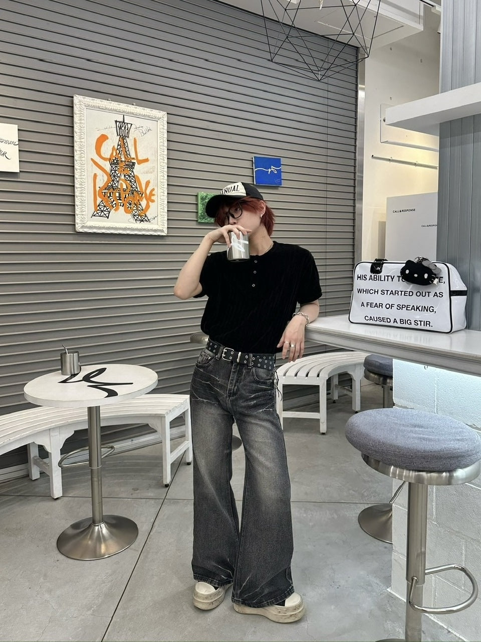 【LUV CODE】washed denim flare pants