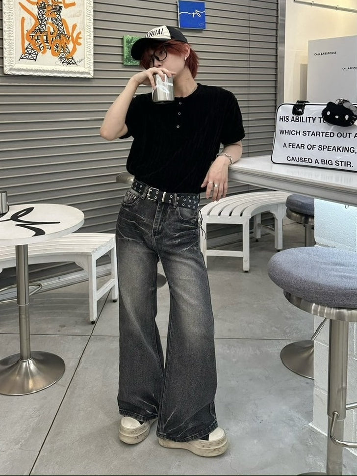 【LUV CODE】washed denim flare pants