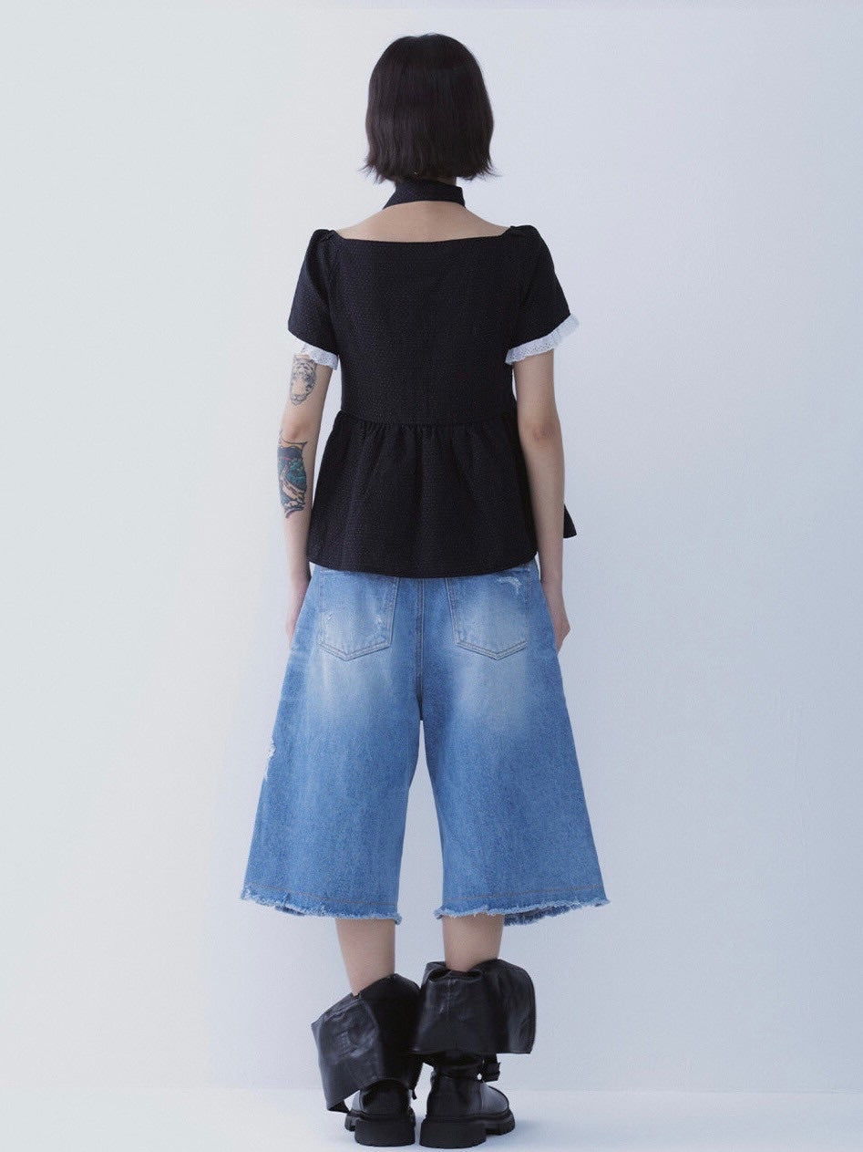 【SETSETSET】DOT MUFFLER FLARED BLOUSE