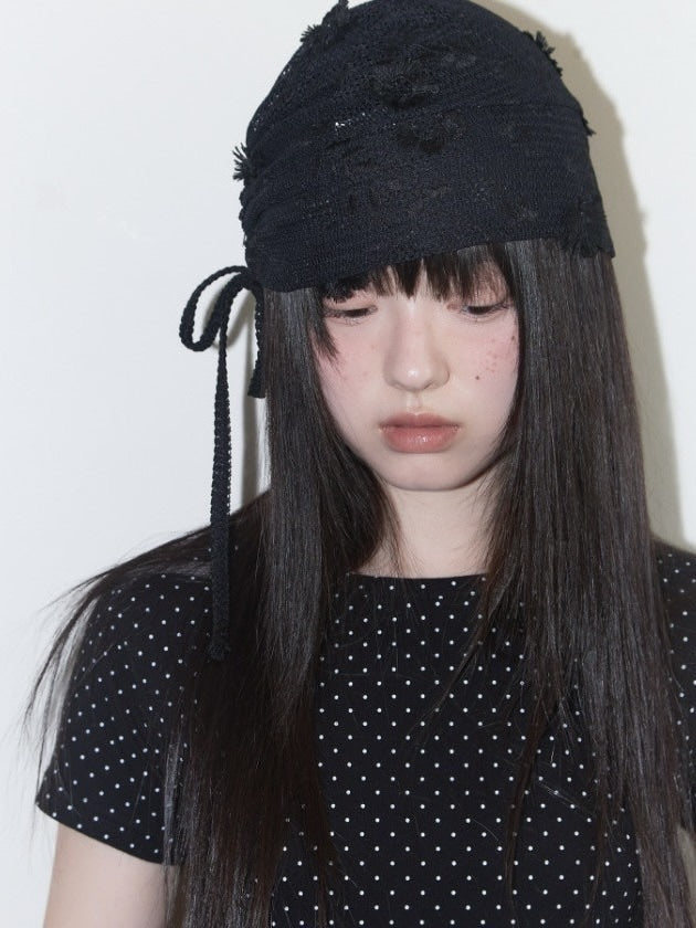 【FANCY CLUB】Lace Ribbon Shirring Beanie / 【ファンシークラブ】レースリボンシャーリングニット帽子