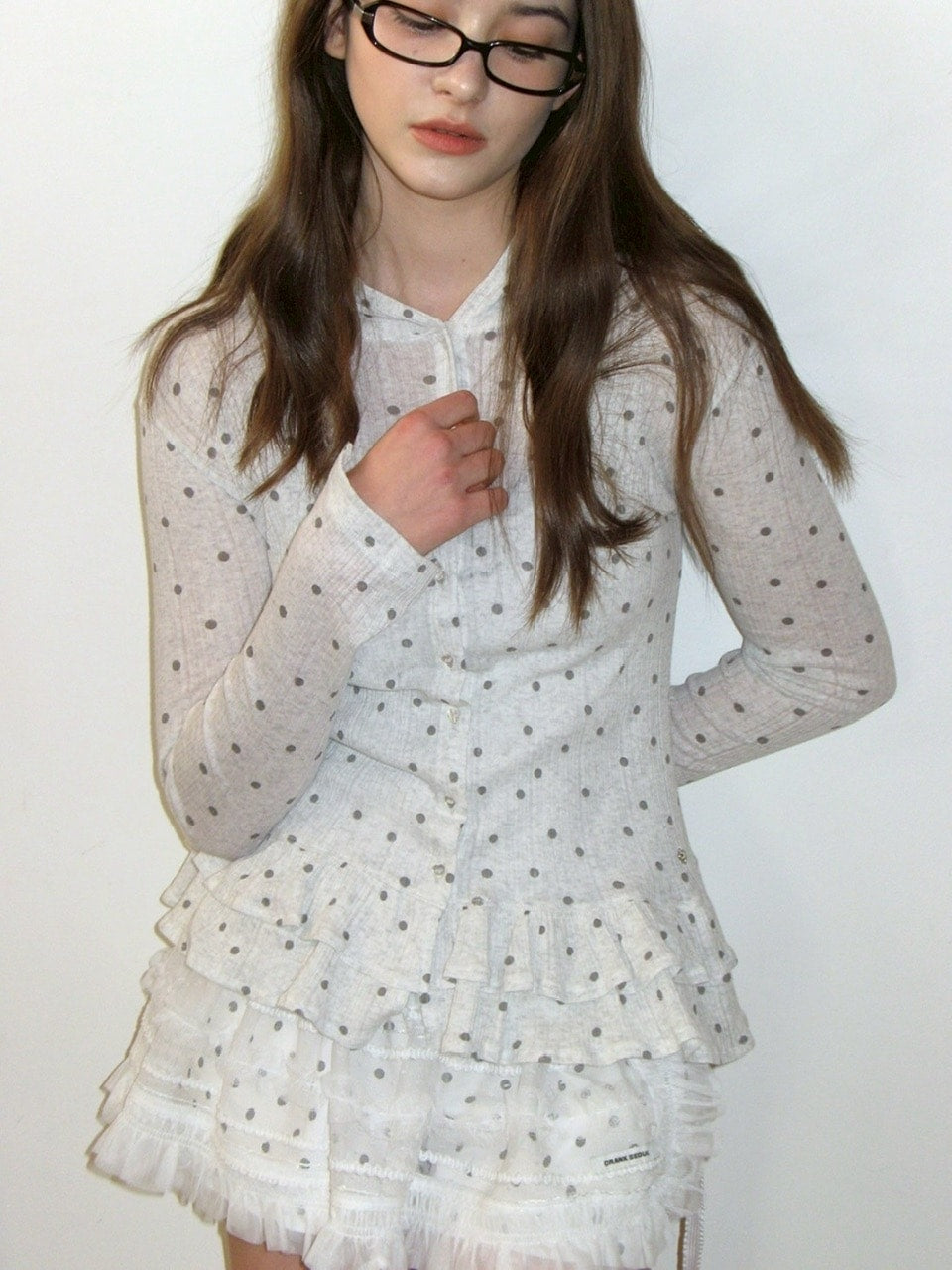 【CRANK】DOT FRILL SHEER HOOD CARDIGAN