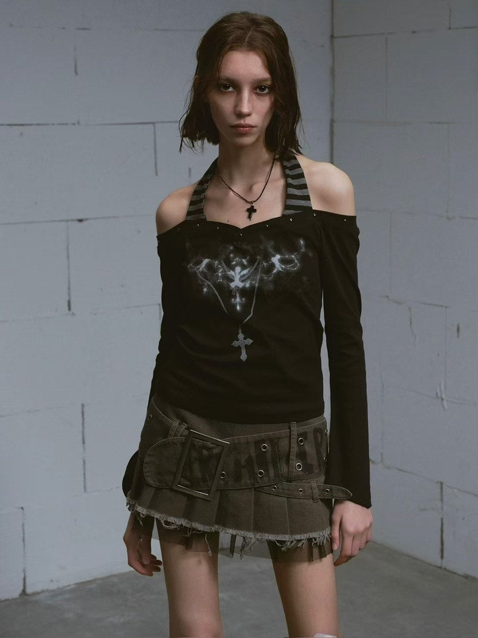 【Cest Nous】Printed Belted Pleated Skirt