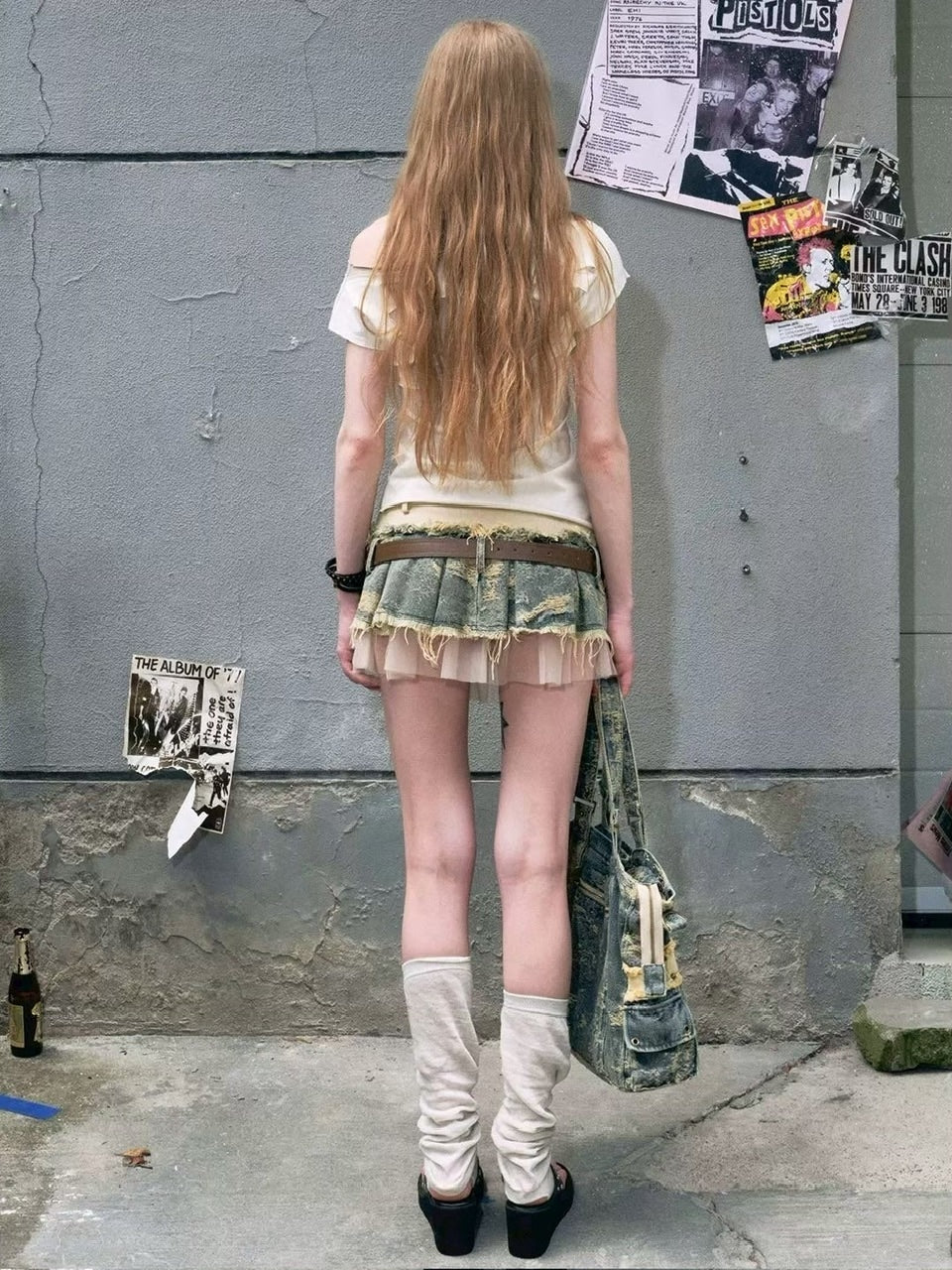 【Cest Nous】Belted Denim Pleated Skirt