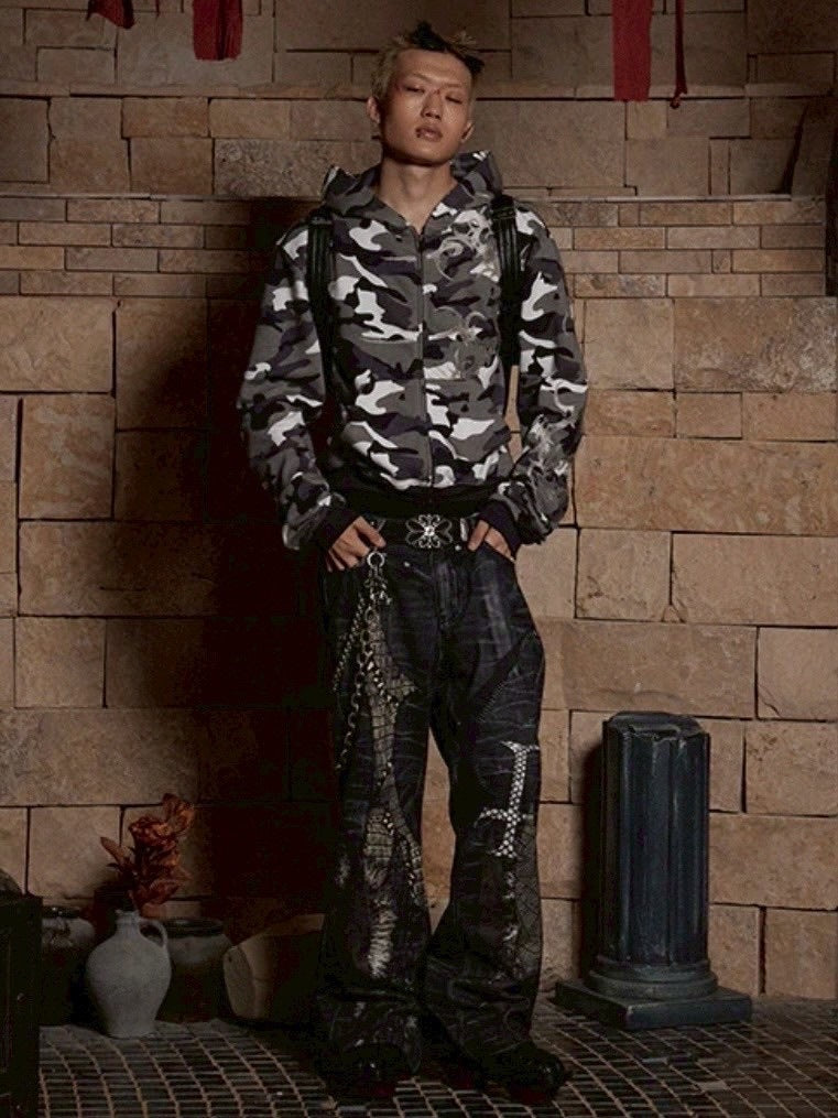 【DND4DES】LEATHER CROSS SPLICING PRINTED JEANS