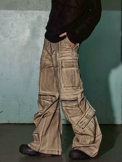 【DND4DES】DISTRESSED DRAWSTRING ADJUSTABLE ZIPPER CARGO PANTS