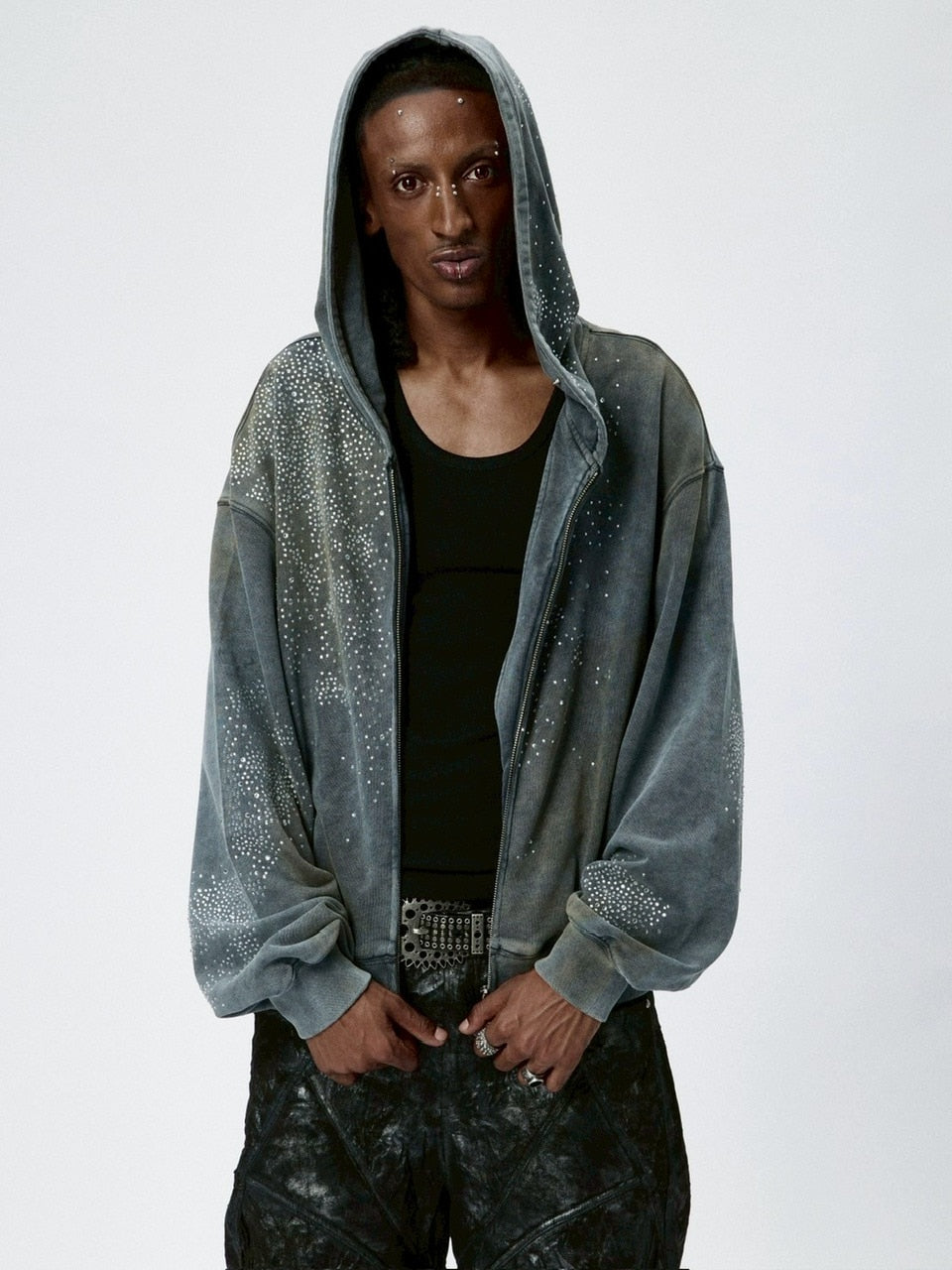 【DND4DES】DIAMOND DISTRESSED ZIP-UP HOODIE