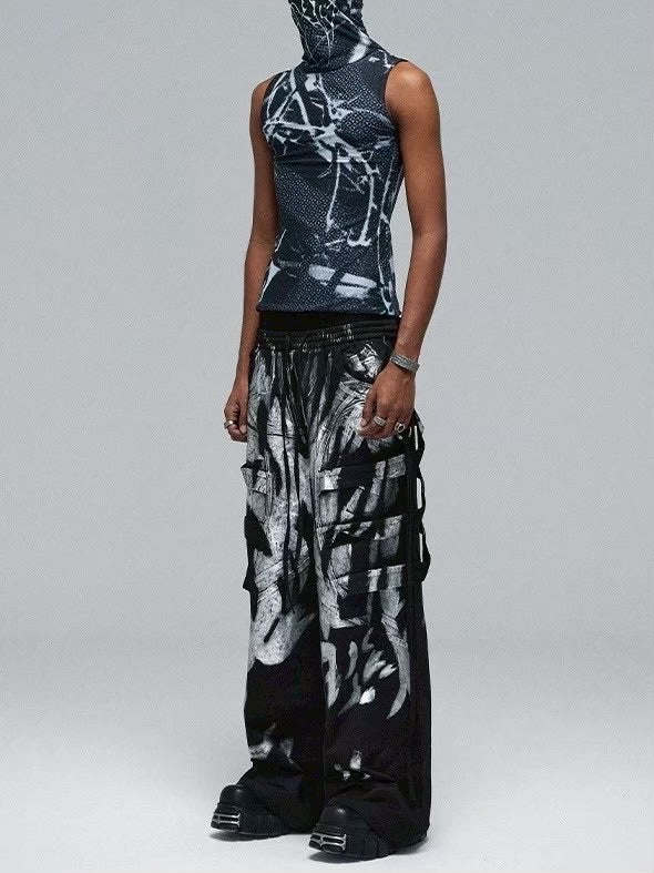 【DND4DES】 MULTI-LAYERED STRIPED GRAFFITI CARGO PANTS