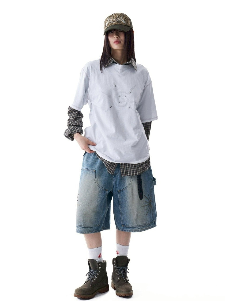 【AAKAM】Washed Double Knee Bermuda Denim Pants