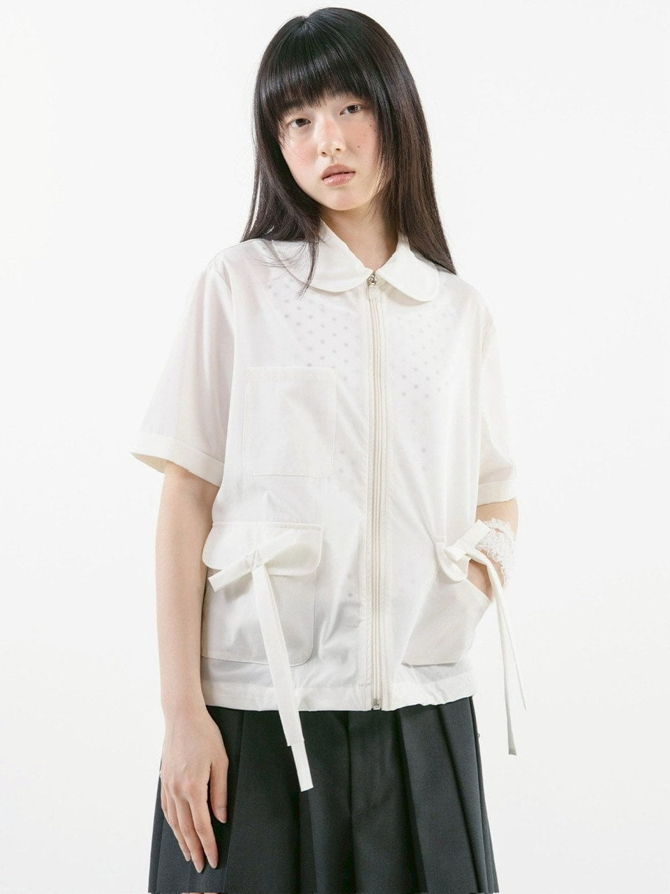 【TUOMIO】ROUND COLLAR NYLON ZIP-UP / 【トゥオミオ】ラウンドカラーナイロン半袖シャツジャケット