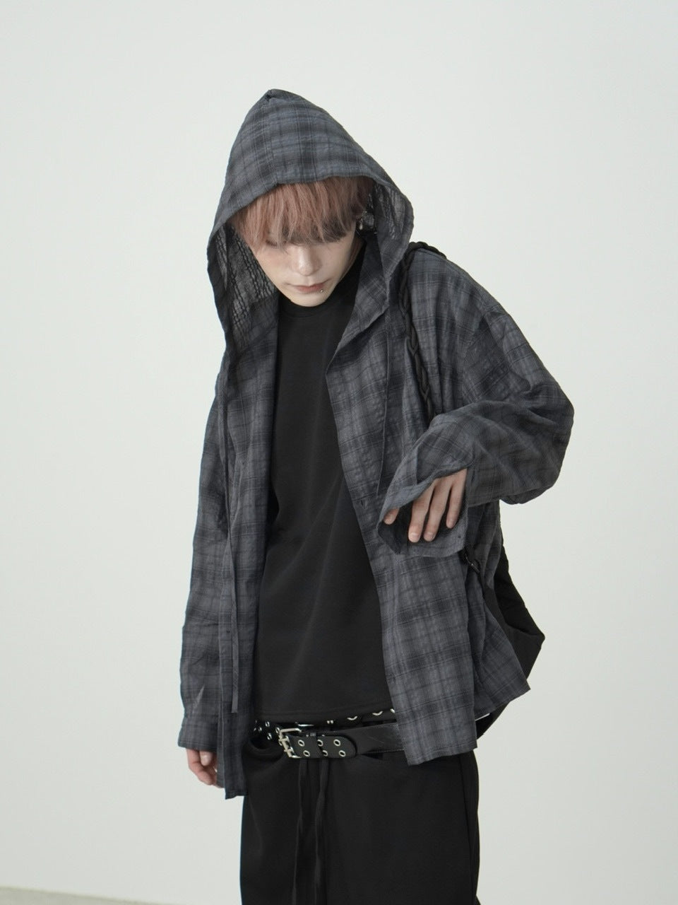 国際配送【Nerd out XU】oversized hood check shirt (2color) / 【ナードアウトエックスユー】オーバーサイズフードチェック長袖シャツ
