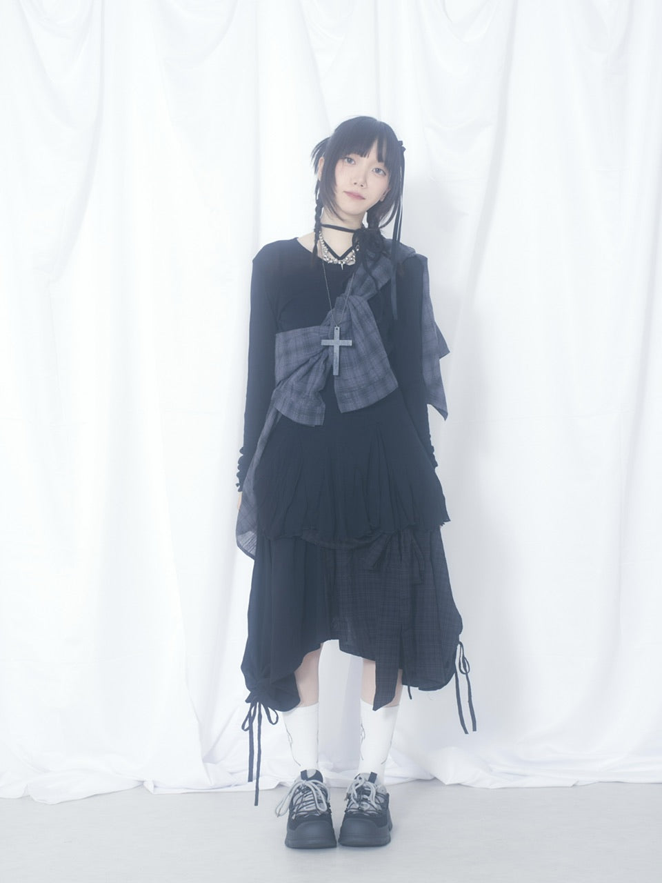 国際配送【Nerd out XU】docking ribbon check asymmetry skirt