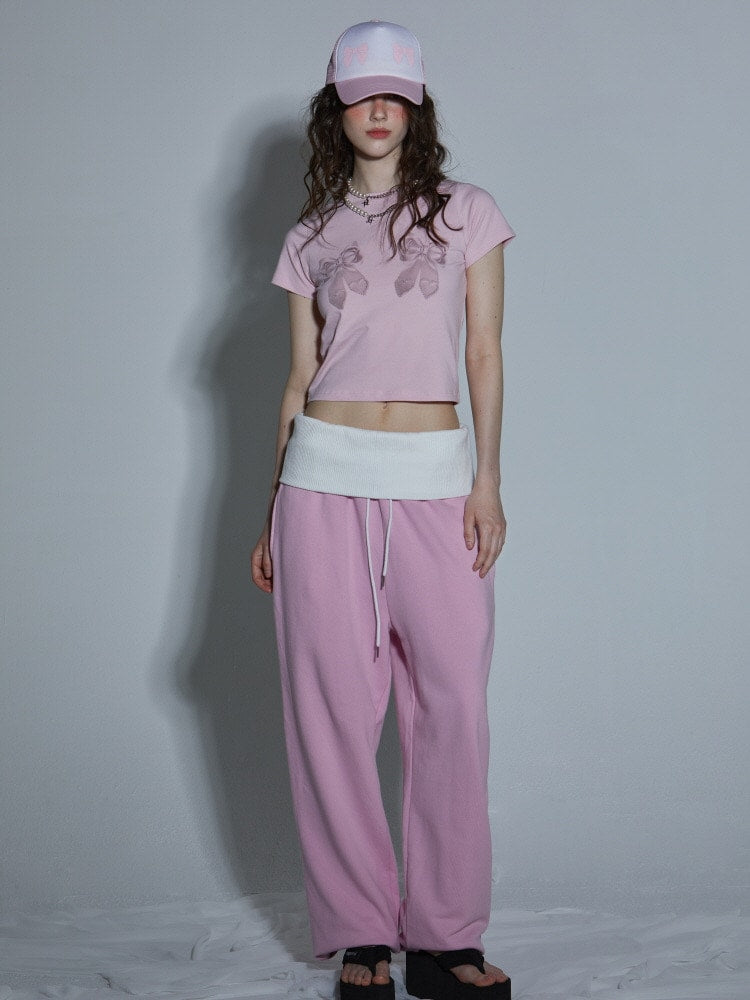 【GATELESS】RIBBON PRINT LOGO CROPPED T-SHIRT / 【ゲートレス】リボンプリントロゴクロップド半袖Tシャツ