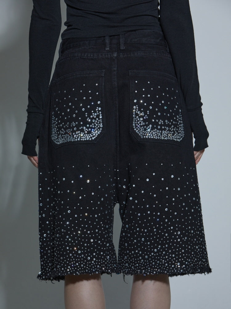 【GATELESS】RHINESTONE FRINGE DENIM HALF PANTS / 【ゲートレス】ラインストーンフリンジデニムハーフパンツ