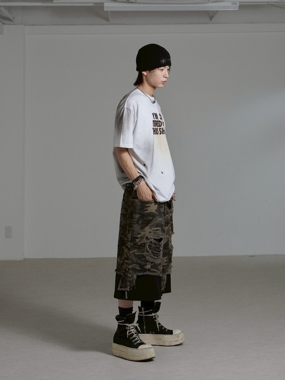 受注制【Chikashitsu +】layered camouflage bermuda pants / 【チカシツプラス】レイヤードカモフラージュバミューダパンツ (2color)