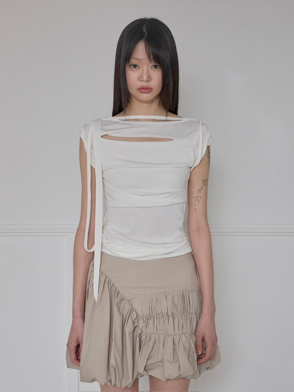 【FLAREUP】Asymmetrical Draped Strap Roll-Up T-Shirt