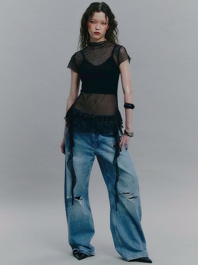 【NOT KNOWING】Dot Mesh Ruffle Top / 【ノットノーイング】ドットメッシュラッフル半袖Tシャツ