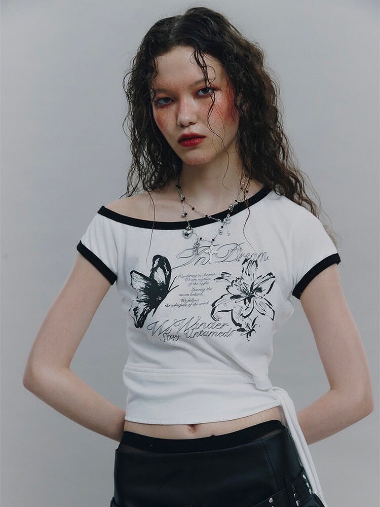 【NOT KNOWING】Tied One Off Shoulder Ringer Top / 【ノットノーイング】タイドワンオフショルダーリンガー半袖Tシャツ