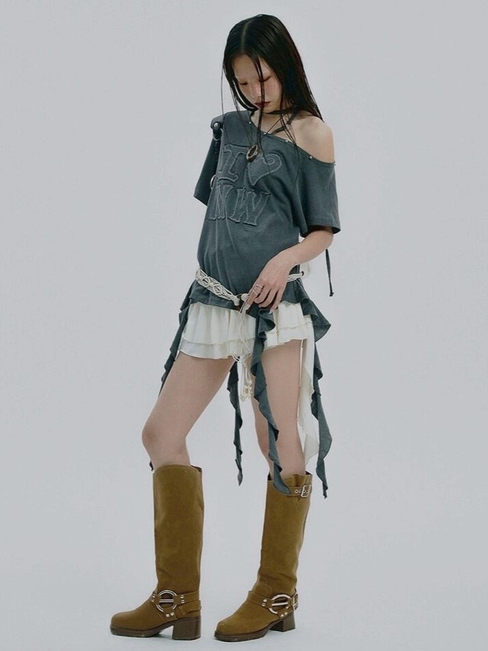 【NOT KNOWING】One Shoulder I LOVE Ruffle Top / 【ノットノーイング】ワンショルダーアイラブラッフル半袖Tシャツ