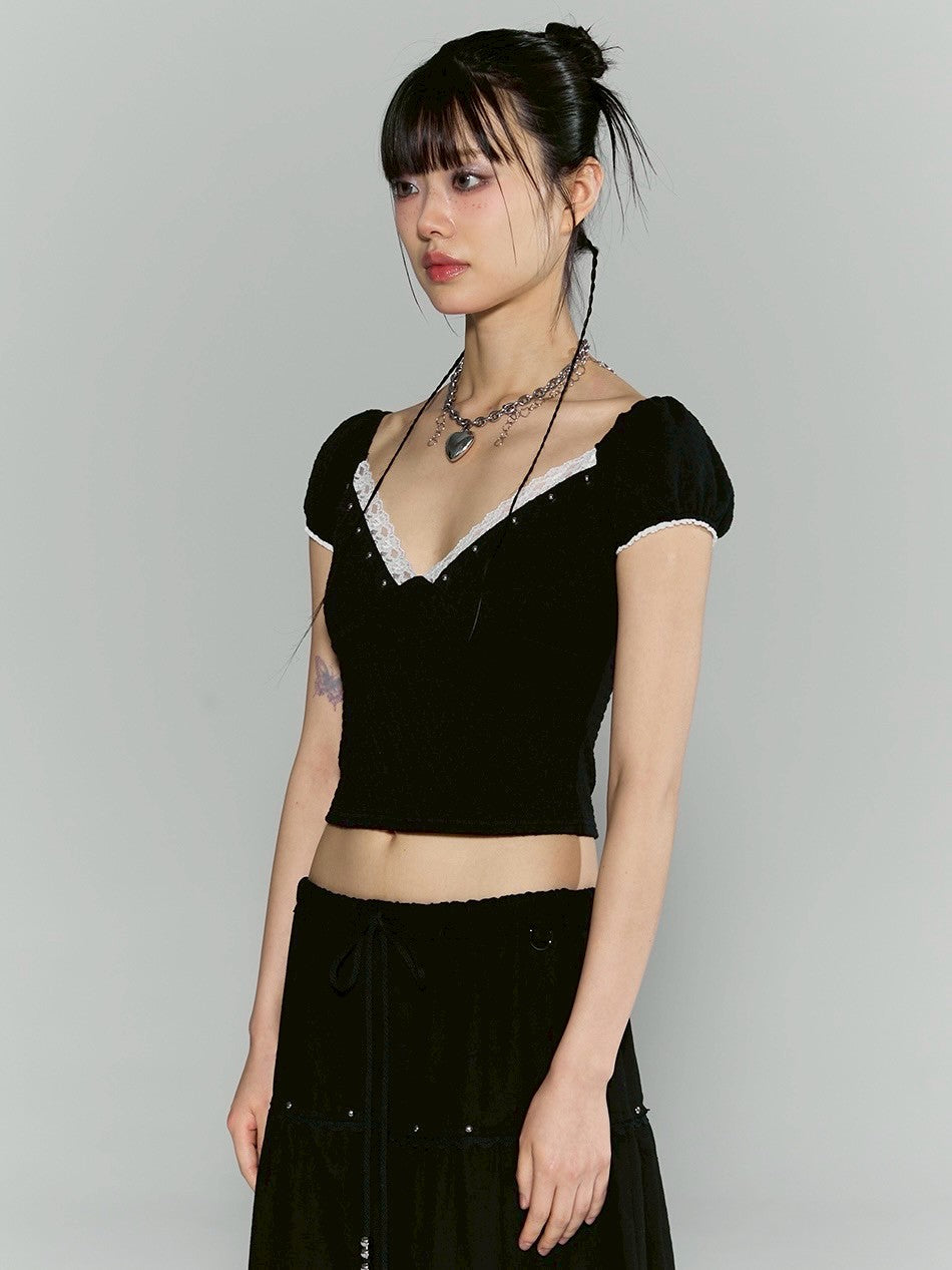 【CHERRYQUIRI】floral lace puff tee