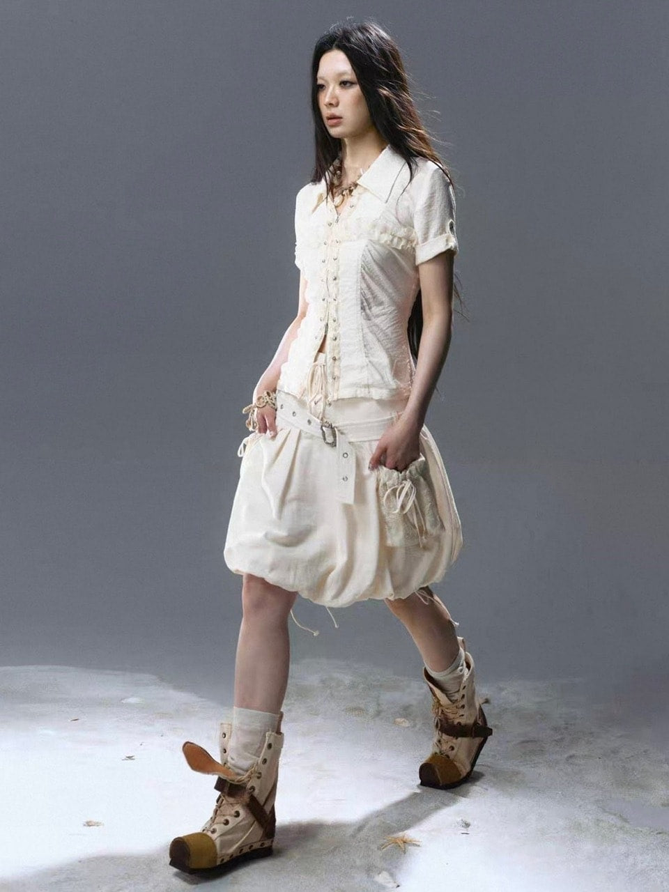 【Cest Nous】Lace Trim Rivet Blouse / 【セヌー】レースフリルリベットブラウス