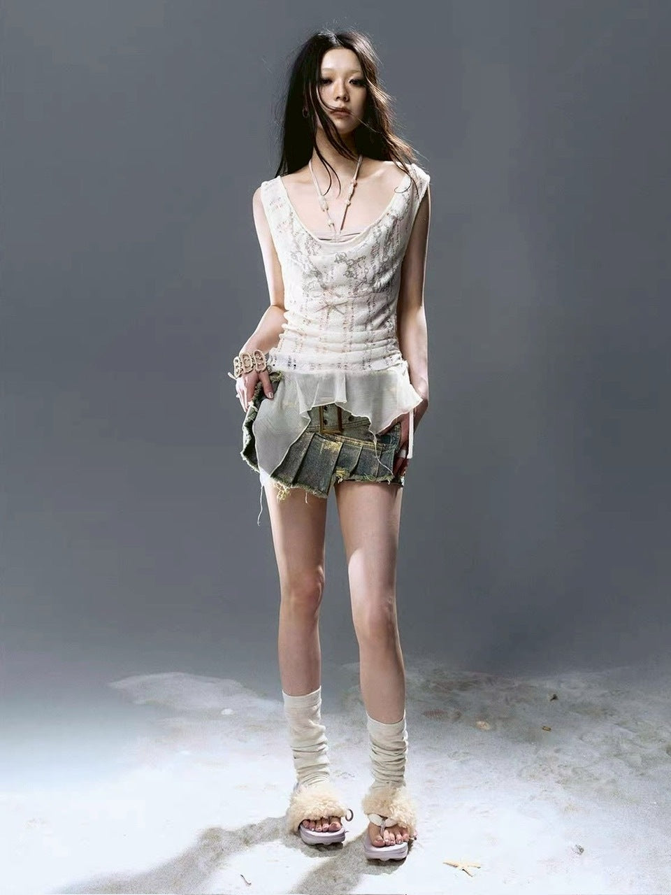 【Cest Nous】Gold-Foil Printed Skort / 【セヌー】ベルトプリーツデニムミニスカートパンツ