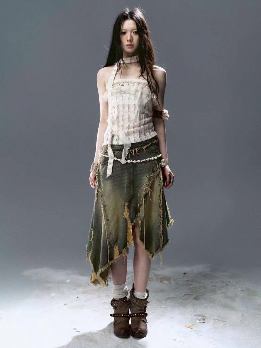 【Cest Nous】Distressed Hem Denim Skirt / 【セヌー】ダメージアシンメトリーデニムスカート